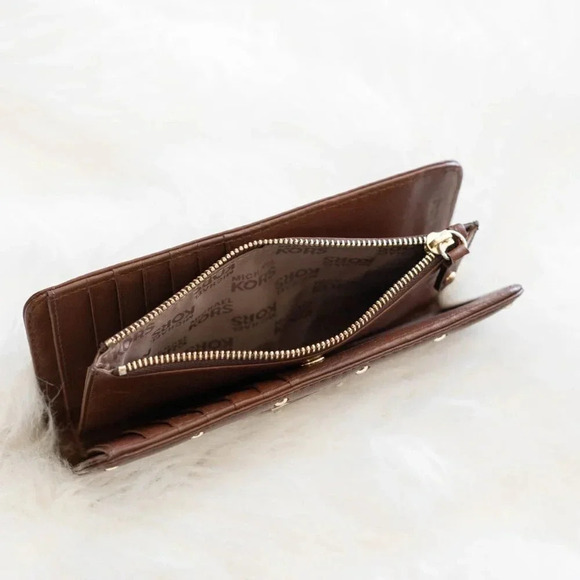 MICHAEL KORS METALLIC GOLD LEATHER JET SET TOTE BAG & TRIFOLD WALLET SET COMBO - Picture 5 of 16